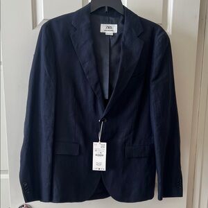 Zara Men's Man Sartorial Navy Blue Linen blazer Size 42R NWT